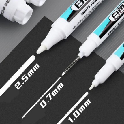Vita permanenta markers (0,7–2,5 mm). För trä, sten, plast, glas och metall