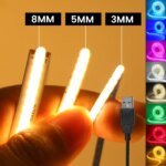 Ultrasmal COB LED-strip (USB, 5V) – Flexibel ljusslinga (3/5/8mm) med sömlöst ljus