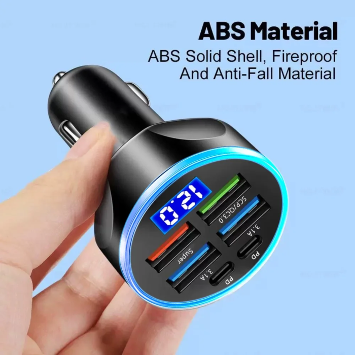 66–250W PD billaddare – QC3.0 snabbladdning, 1 till 6-portar cigarettändaradapter med digital display - Bild 4