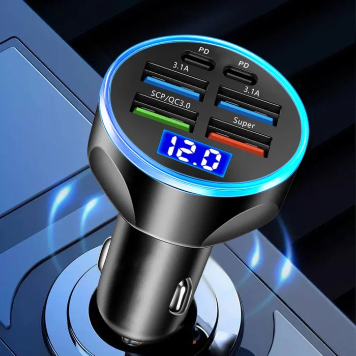 66–250W PD billaddare – QC3.0 snabbladdning, 1 till 6-portar cigarettändaradapter med digital display - Bild 3