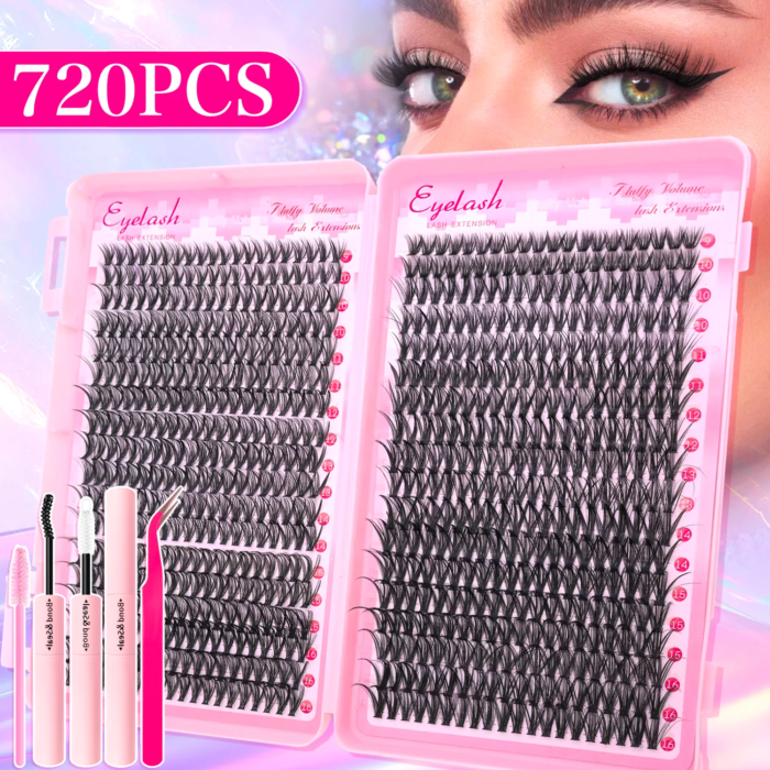 Ögonfransförlängningskit – 720/200 st fluffiga lash clusters med lim & pincett - Bild 3