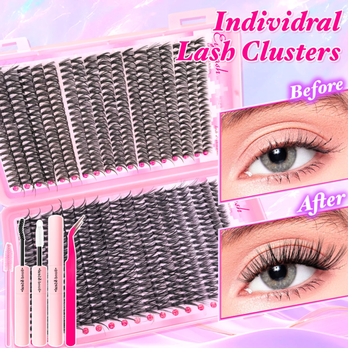 Ögonfransförlängningskit – 720/200 st fluffiga lash clusters med lim & pincett - Bild 2
