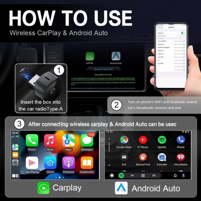 XUDA 2-i-1 Trådlös CarPlay-adapter & Android Auto AI Box – - Bild 6
