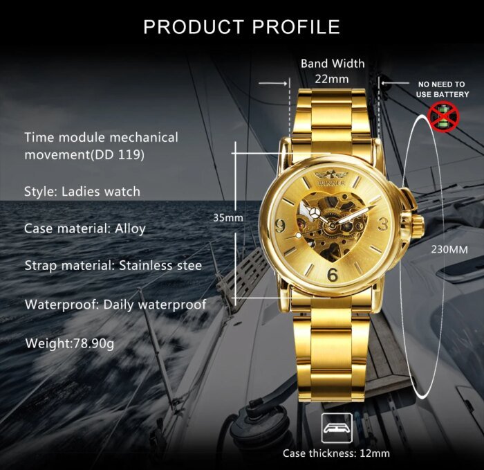 WINNER Skelett Klocka Automatisk Dam Guld - Bild 5