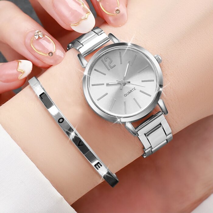 Guldfärgad Damklocka med Öppet Armband Set - Bild 3