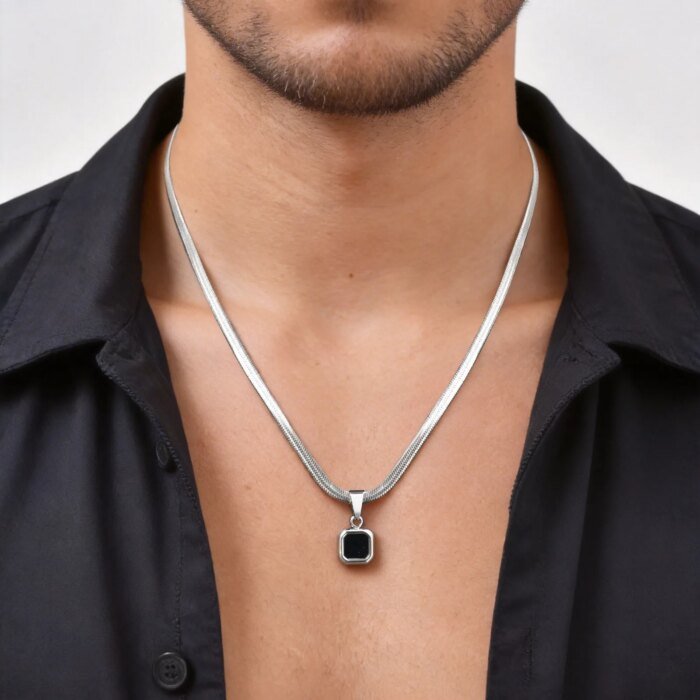 Herrhalsband med Geometrisk Natursten och Bladkedja - Bild 2