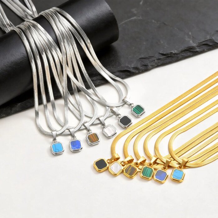 Herrhalsband med Geometrisk Natursten och Bladkedja - Bild 4