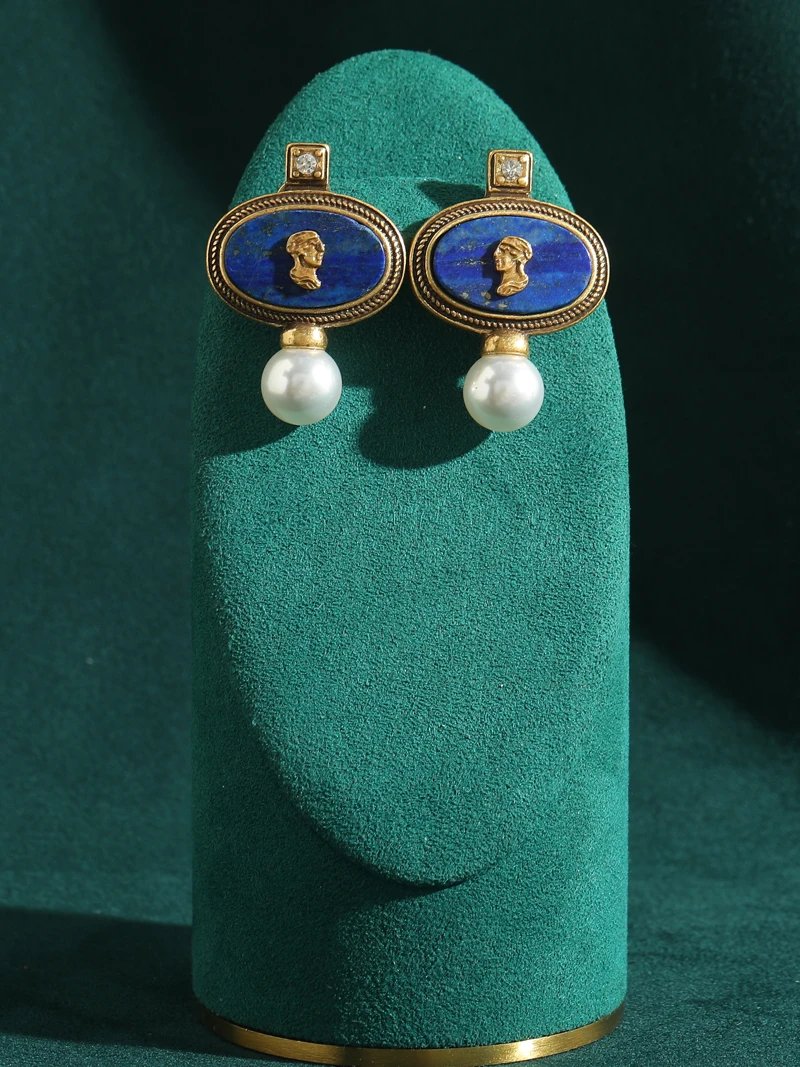 Vintage Lapis Lazuli Örhängen med Pärla och Blå Sten