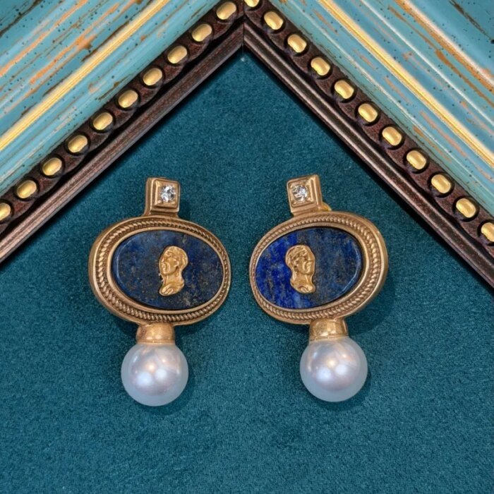 Vintage Lapis Lazuli Örhängen med Pärla och Blå Sten - Bild 3