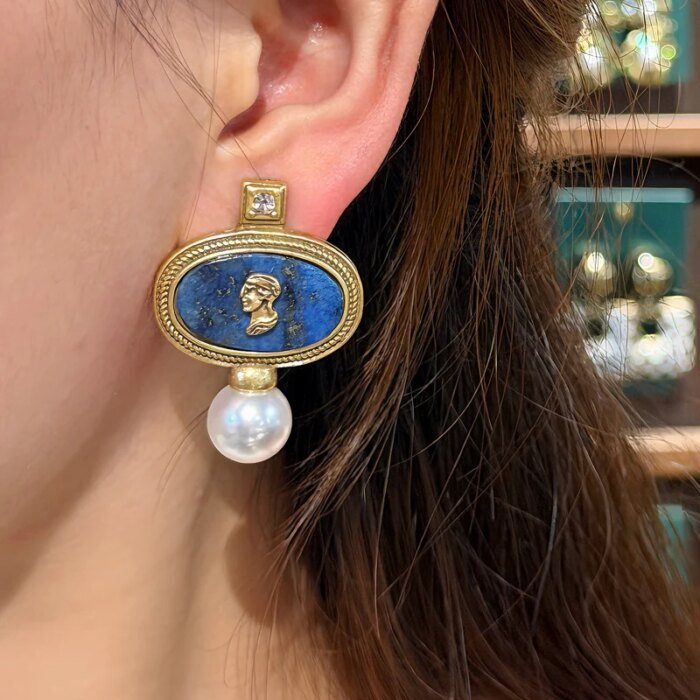 Vintage Lapis Lazuli Örhängen med Pärla och Blå Sten - Bild 2