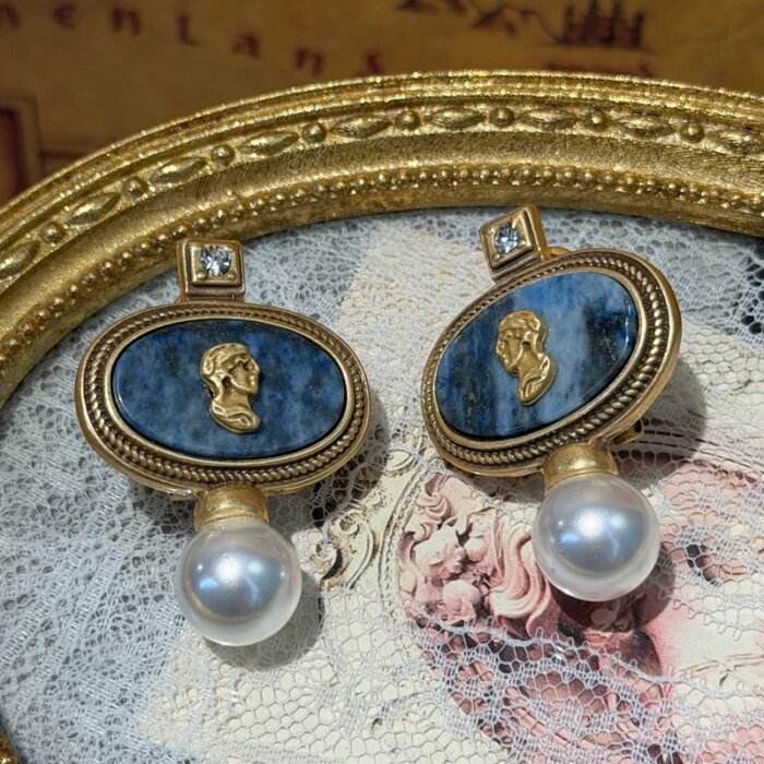 Vintage Lapis Lazuli Örhängen med Pärla och Blå Sten - Bild 4