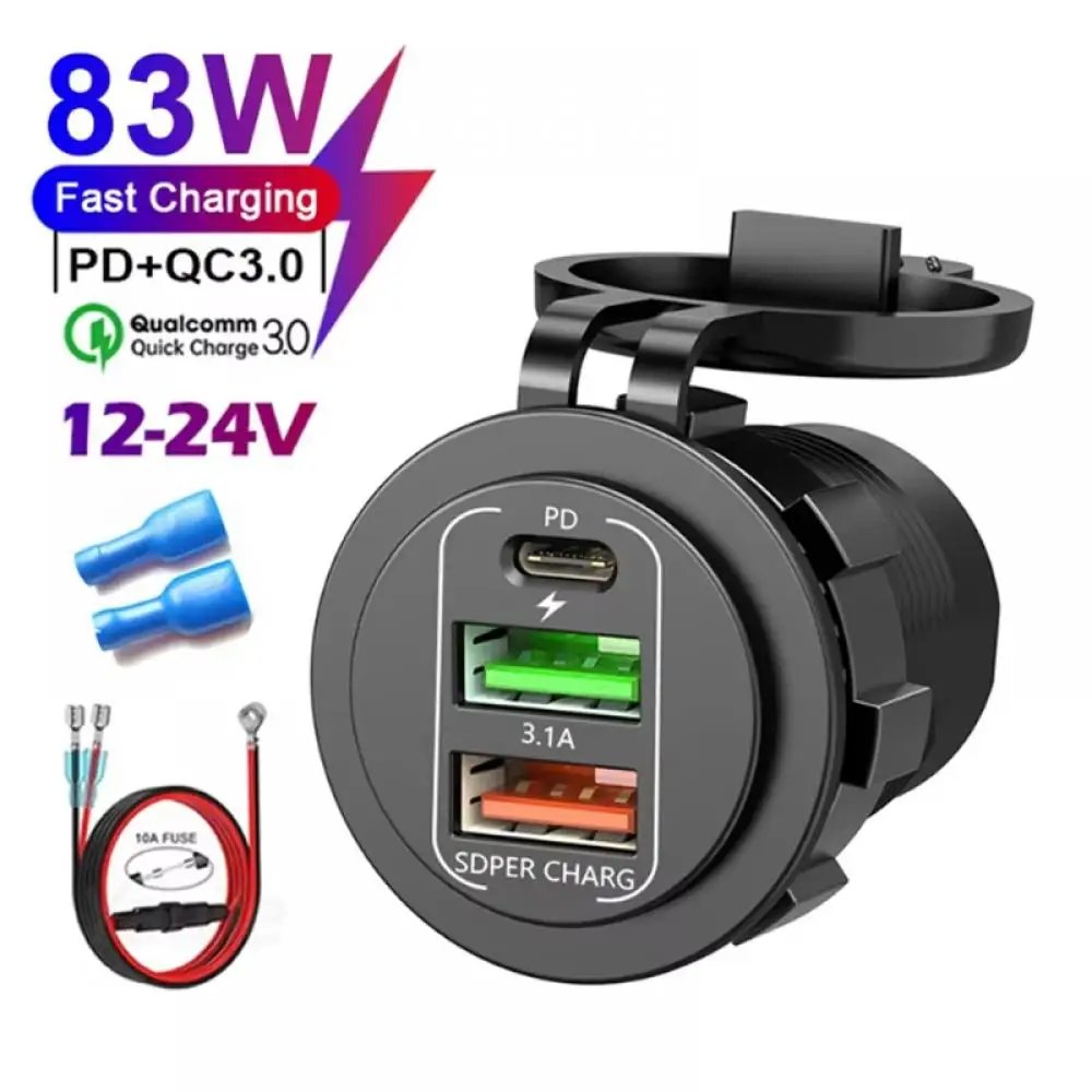 Vattentät 4-Portars USB Bilsnabbladdare med Voltmeter