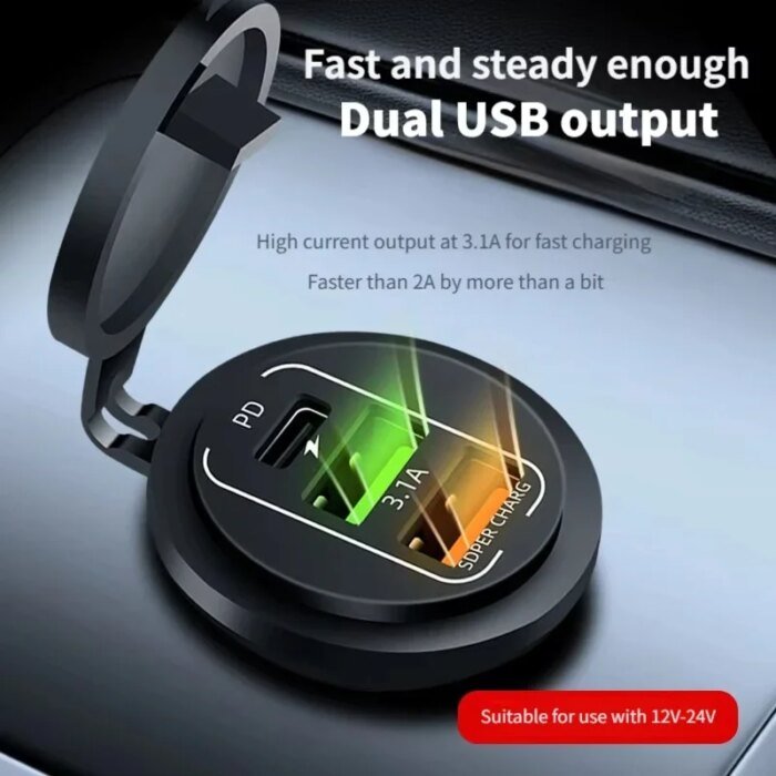 Vattentät 4-Portars USB Bilsnabbladdare med Voltmeter - Bild 2