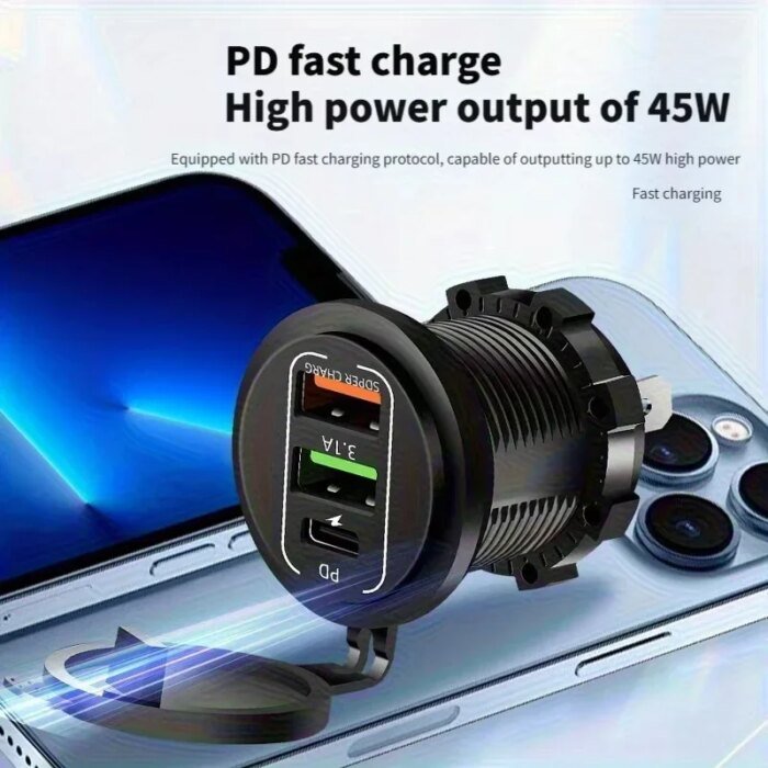 Vattentät 4-Portars USB Bilsnabbladdare med Voltmeter - Bild 3