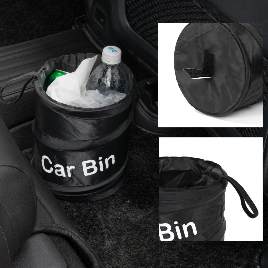 Vikbar och bärbar sopbehållare för bil