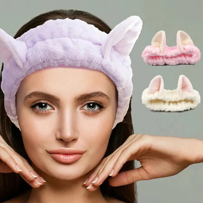 Mjukt Hårband med Kattöron – Sött Hårband i Korallfleece för Makeup & Tvätt - Bild 2