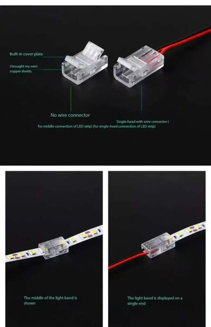 COB-kontakter 8 mm 5–24V 2-polig LED-list Terminal Förlängningskabel LED-kontakter med Fästklämmor för Stift, Ingen Mörk Zon, Enkel- och Dubbelände - Bild 2