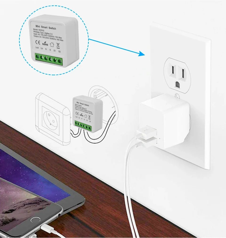 Tuya ZigBee & WiFi Smart Switch – 2-vägs reläbrytare för 220V/110V 16A, kompatibel med Smart Life, Alexa och Google Home