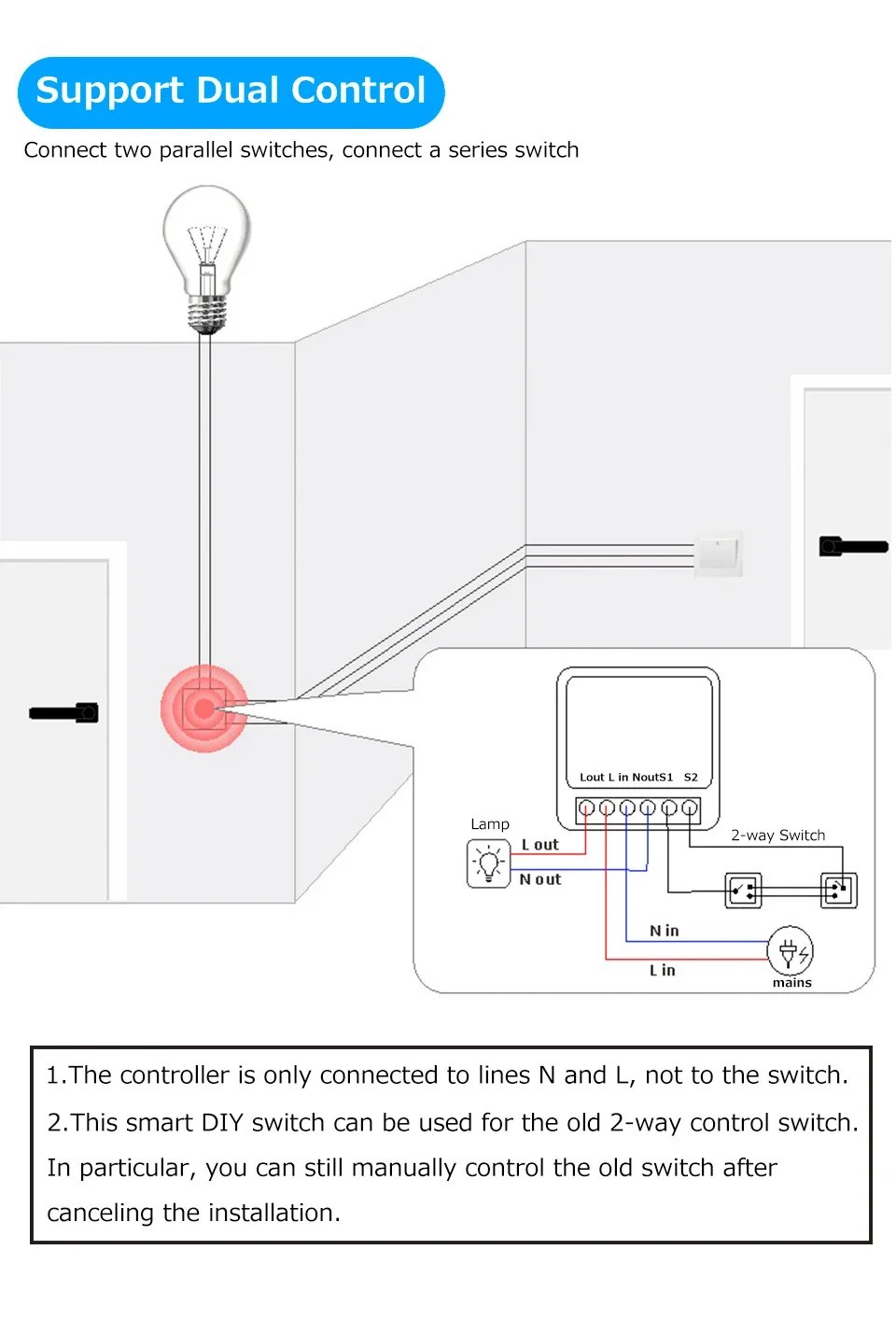 Tuya ZigBee & WiFi Smart Switch – 2-vägs reläbrytare för 220V/110V 16A, kompatibel med Smart Life, Alexa och Google Home