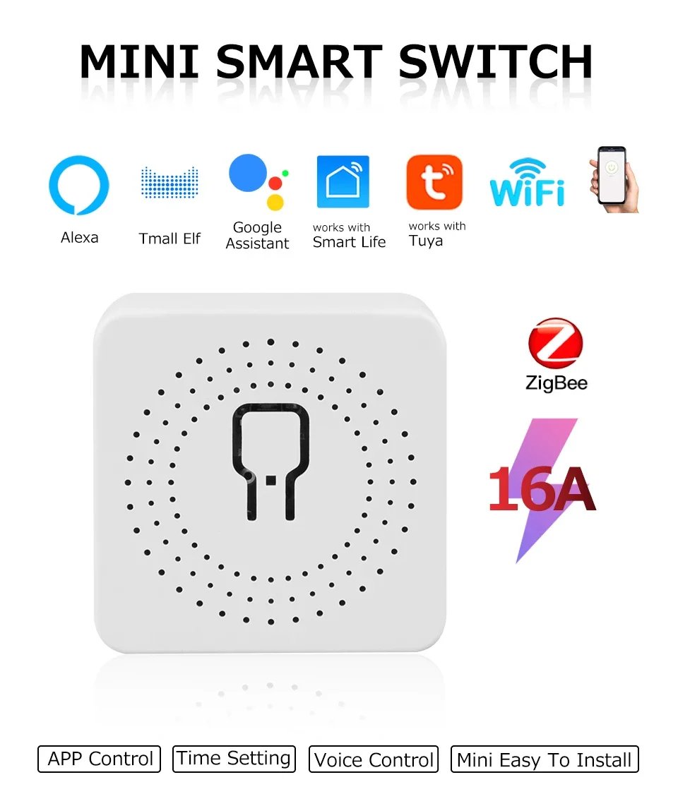 Tuya ZigBee & WiFi Smart Switch – 2-vägs reläbrytare för 220V/110V 16A, kompatibel med Smart Life, Alexa och Google Home