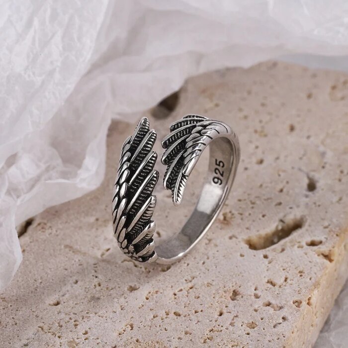 925 Sterling Silver Ring med Ängelvinge och Fjäder – Justerbar Ring för Dam, Förlovning och Bröllop - Bild 2
