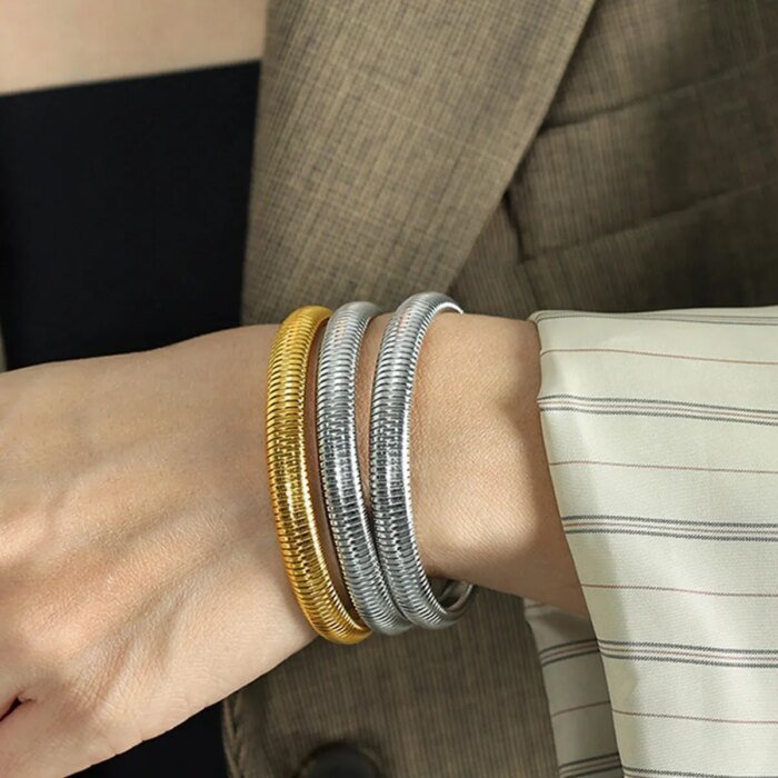 Vattentätt armband i rostfritt stål, retro elastisk design, kraftig metall med högblank polering - Bild 2
