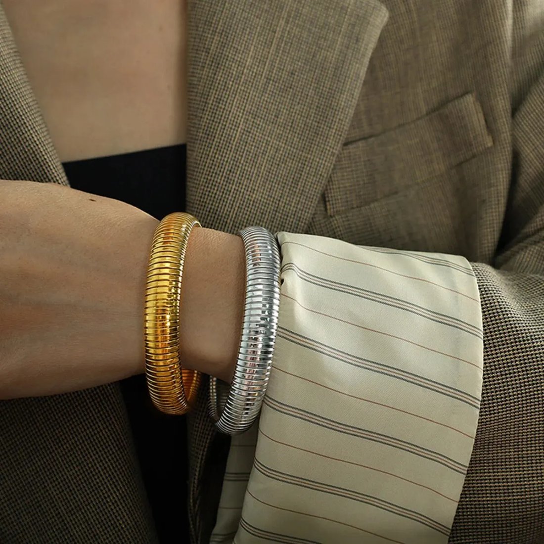Vattentätt armband i rostfritt stål, retro elastisk design, kraftig metall med högblank polering