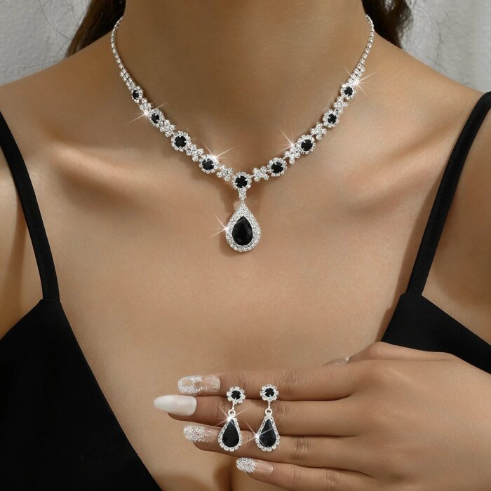 3-delars Smyckesset med Kristalldroppar – Halsband och Örhängen för Bröllop, Fest och Eleganta Tillfällen - Bild 2
