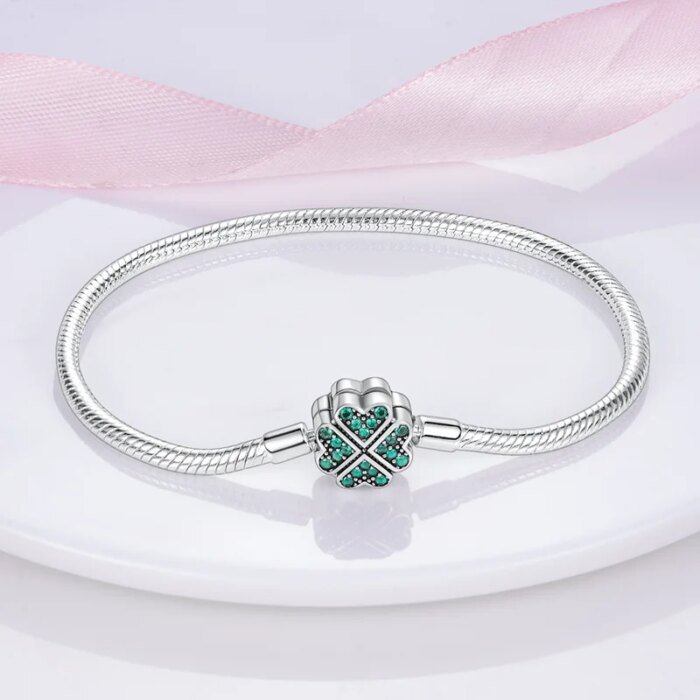 925 Sterling Silver Armband 17–20 cm – Stjärna, Måne, Sol och Fyrklöver med Grön Zirkon, Charmarmband som Present - Bild 3