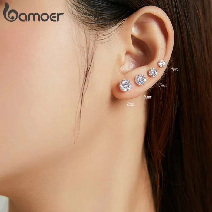 Bamoer CZ Örhängen med Stav, 925 Sterling Silver Platinapläterade Runda Cubic Zirconia Stiftörhängen, Hypoallergena 4–7 mm - Bild 2