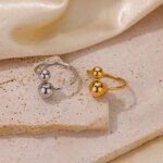Dubbelt ring-set i rostfritt stål med pärldetaljer – Guldbelagd, geometrisk och justerbar design - Bild 5