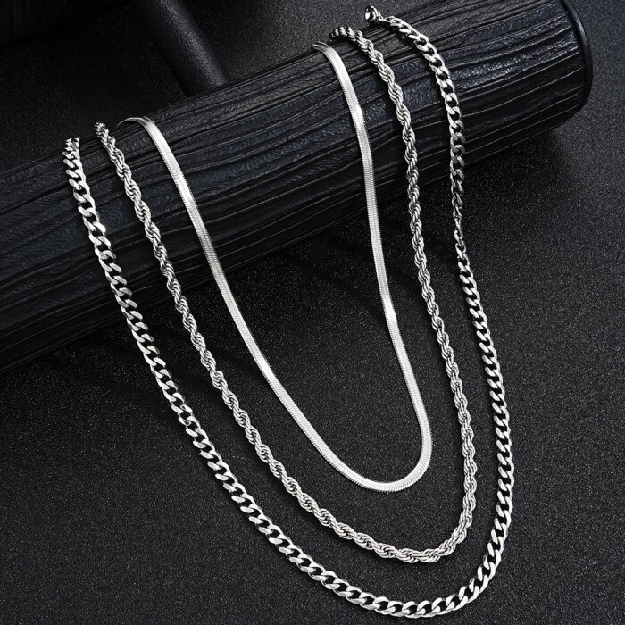 Enkelt smyckesset i rostfritt stål – Stilrent silverfärgat set med ring, halsband och armband för herr och unisex - Bild 2