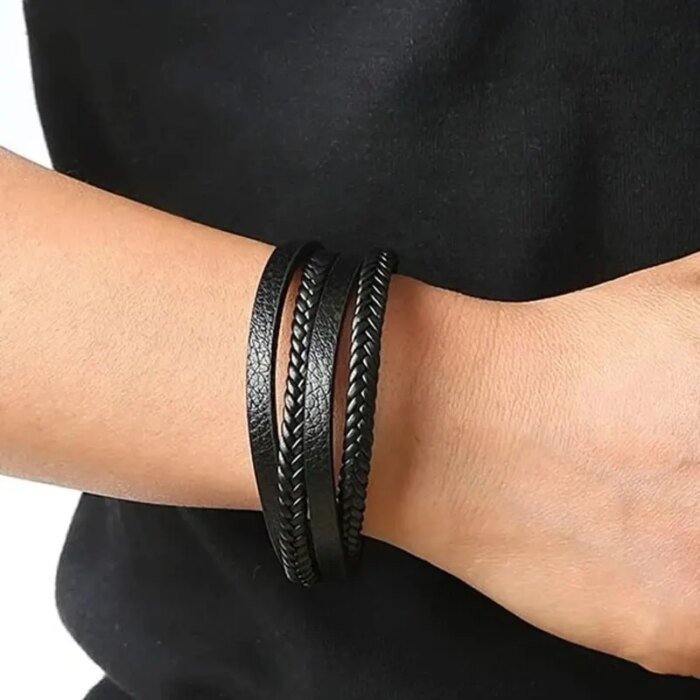 Trendigt flätat läderarmband för herr – Multilager-armband i rostfritt stål - Bild 2