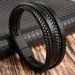 Trendigt flätat läderarmband för herr – Multilager-armband i rostfritt stål