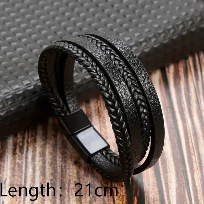 Trendigt flätat läderarmband för herr – Multilager-armband i rostfritt stål - Bild 5
