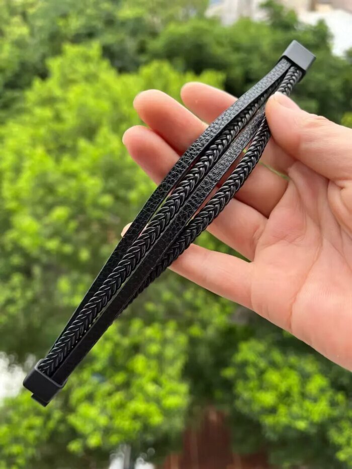 Trendigt flätat läderarmband för herr – Multilager-armband i rostfritt stål - Bild 4