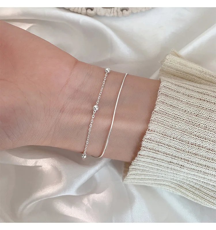 Dubbelt armband i 925 sterling silver med runda kulor – Stilren ormkedja för bröllop och fest