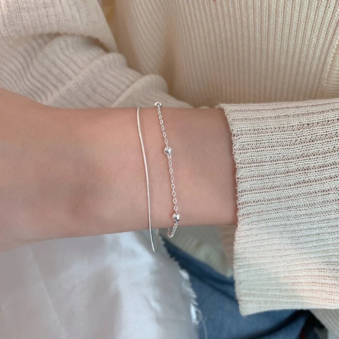 Dubbelt armband i 925 sterling silver med runda kulor – Stilren ormkedja för bröllop och fest - Bild 4