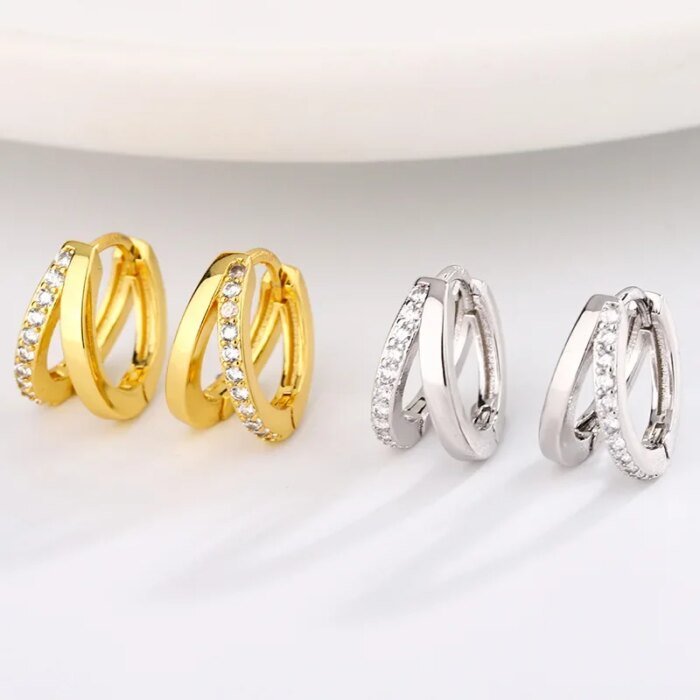 Guldfärgade hoop-örhängen i rostfritt stål – Stilrena dubbla cirklar med cubic zirconia - Bild 5