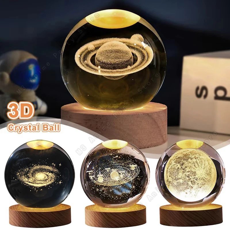 3D-kristallkula med LED-belysning – Galax och planeter