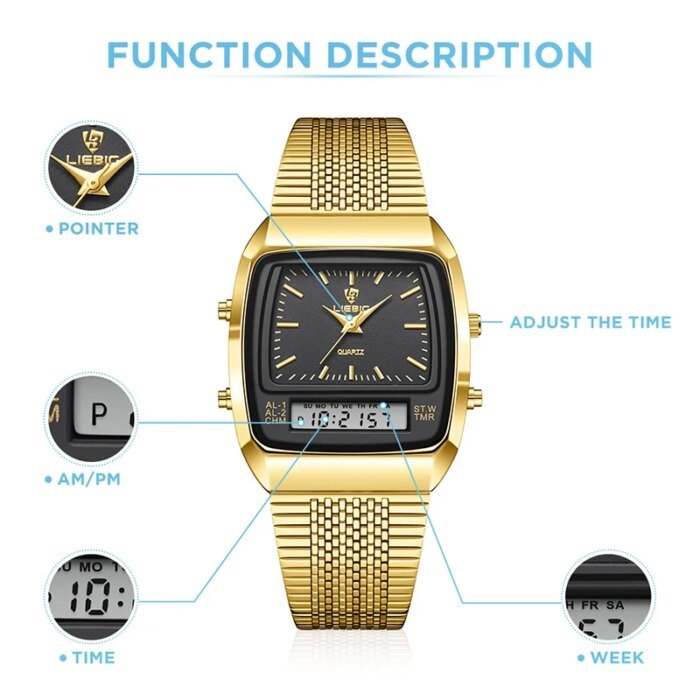 Modern Digital Herrklocka med Dual Time och Snygg Guldfinish - Bild 6