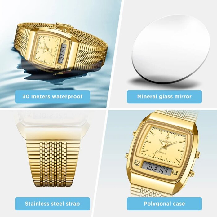 Modern Digital Herrklocka med Dual Time och Snygg Guldfinish - Bild 4