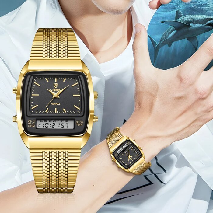 Modern Digital Herrklocka med Dual Time och Snygg Guldfinish - Bild 3