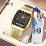 Modern Digital Herrklocka med Dual Time och Snygg Guldfinish