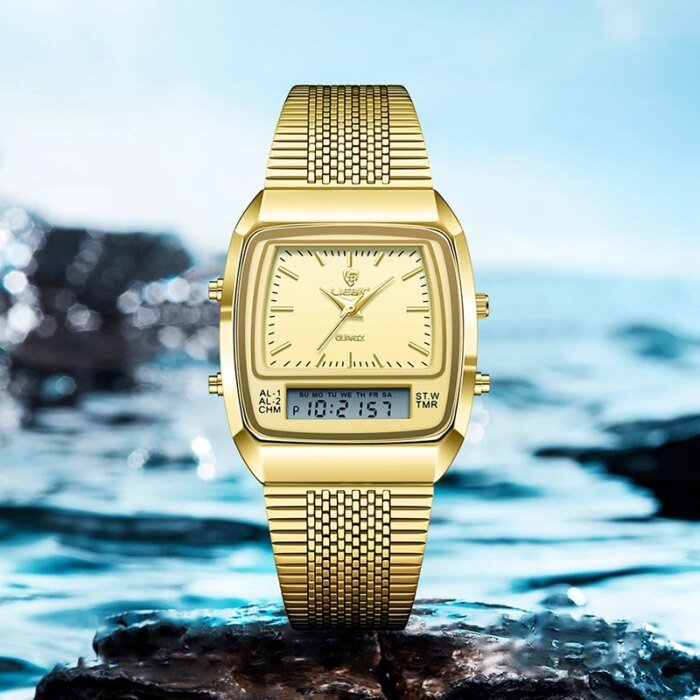 Modern Digital Herrklocka med Dual Time och Snygg Guldfinish - Bild 2