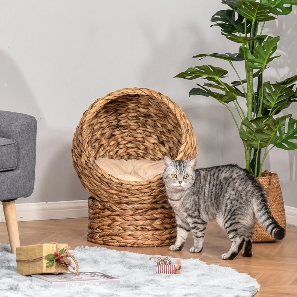 Flätad kattsäng i vattenhyacint med mjuk kudde Flätad kattsäng i vattenhyacint med mjuk kudde