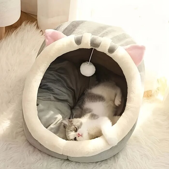 Söt och mjuk kattsäng med mysig grottdesign för djup sömn - Bild 5