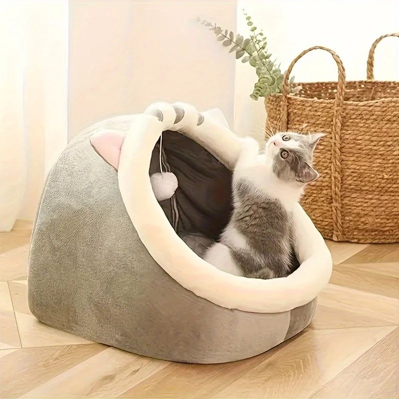 Söt och mjuk kattsäng med mysig grottdesign för djup sömn
