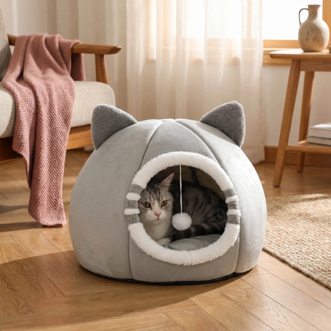 Mysig kattsäng och grottbo med mjuk dyna för djup sömn