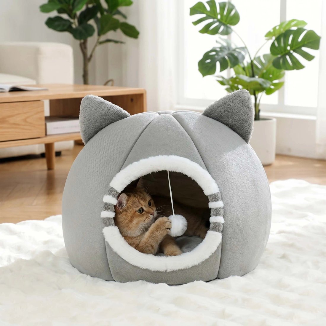 Mysig kattsäng och grottbo med mjuk dyna för djup sömn
